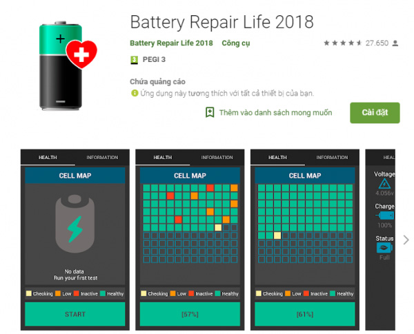 Kiểm tra mức độ chai pin Android bằng Battery Repair Life