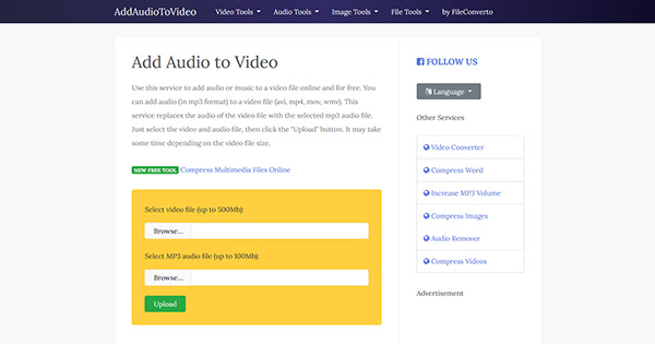 Cách ghép nhạc vào video online free tại website addaudiotovideo.com