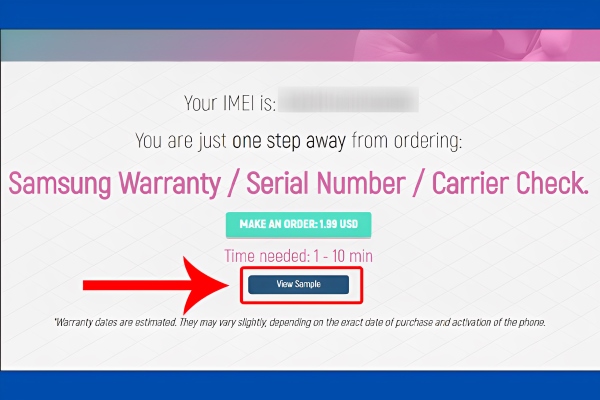 Chọn mục "Samsung Warranty/SN/Carrier Check" và nhấn vào "View Sample"