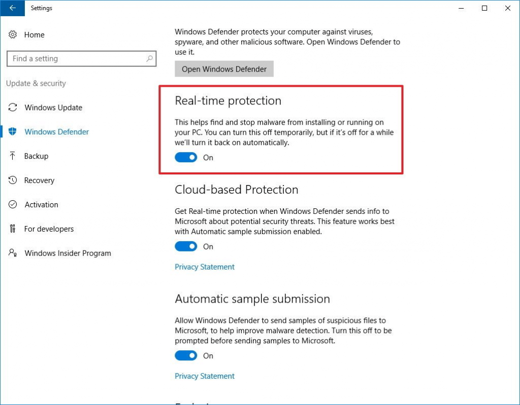 Tắt tính năng Windows Defender Win 10 tại Settings