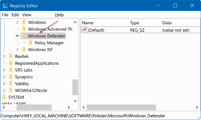 Cách vô hiệu hóa Windows Defender Windows 10 bằng Registry Editor 