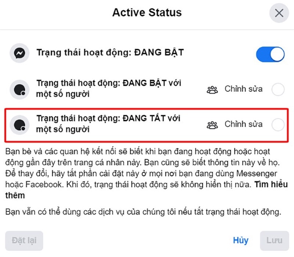 Nhấn chọn mục Chỉnh sửa tại phần Trạng thái hoạt động