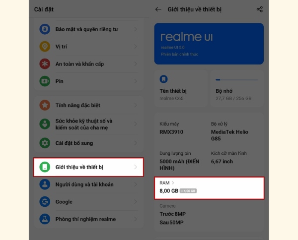 Chọn "Giới thiệu về thiết bị" và nhấn vào "RAM"