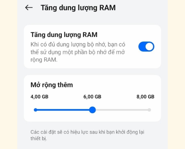 Bật chế độ "Tăng dung lượng RAM" và chọn mức RAM