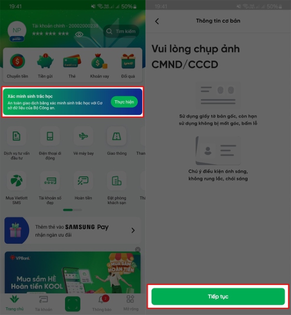 Nhấn vào dòng chữ Xác minh dữ liệu sinh trắc học