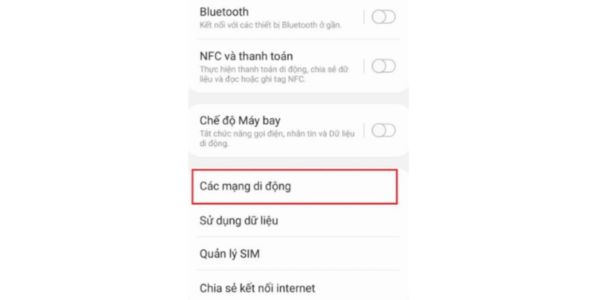 Vào phần Các mạng di động