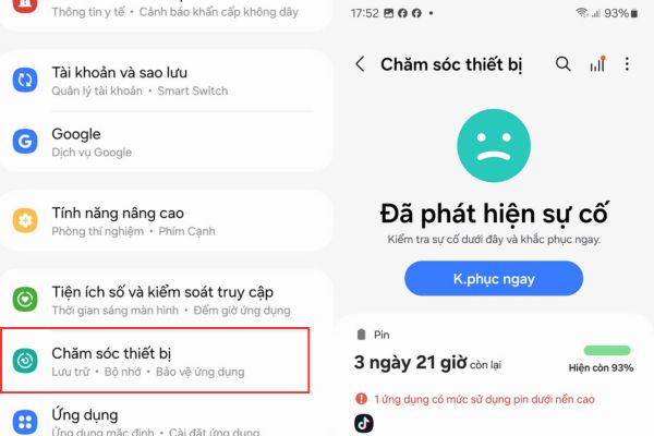 Kiểm tra độ chai pin bằng chế độ Chăm sóc thiết bị