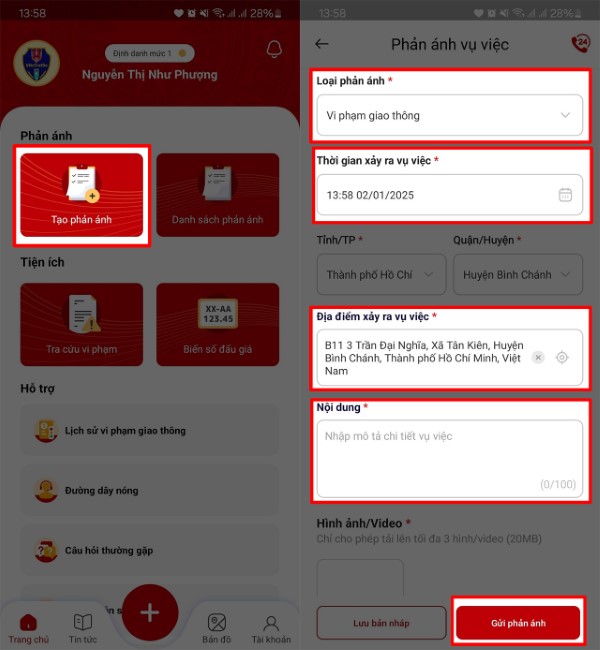 Chọn mục Tạo phản ánh, điền đầy đủ thông tin về hành vi vi phạm giao thông