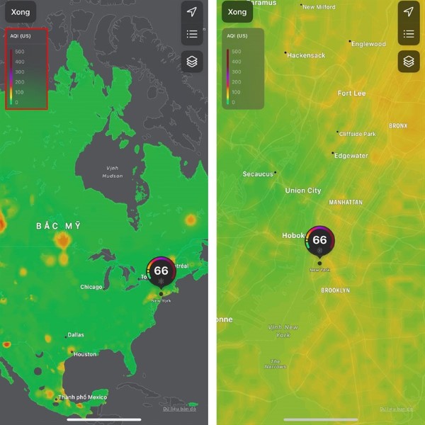 Nhấn xem chỉ số AQI cũng sẽ xuất hiện ở cùng vị trí