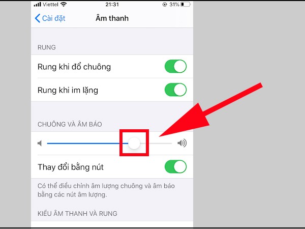 Kéo thanh Chuông và âm báo lên mức phù hợp