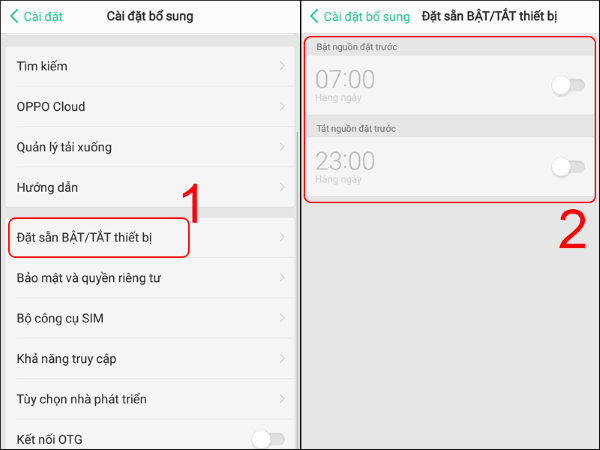 Chọn mục Đặt sẵn BẬT/TẮT thiết bị