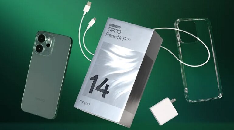 OPPO Reno14 F với mặt lưng giả kính cho hiệu ứng ánh sáng đẹp mắt