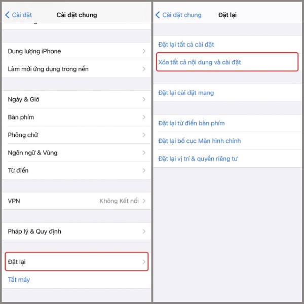 Chọn Đặt lại → Xóa tất cả nội dung và cài đặt