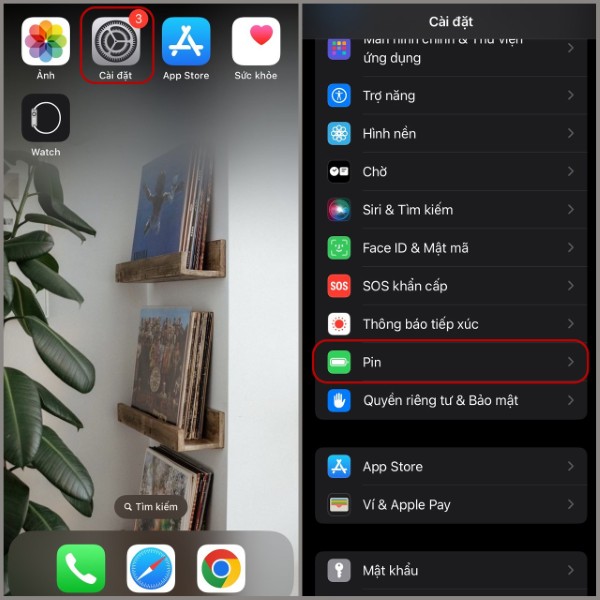 Mở Cài đặt trên → chọn mục Pin