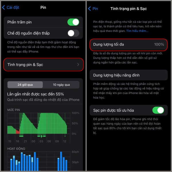 Chọn mục Dung lượng tối đa